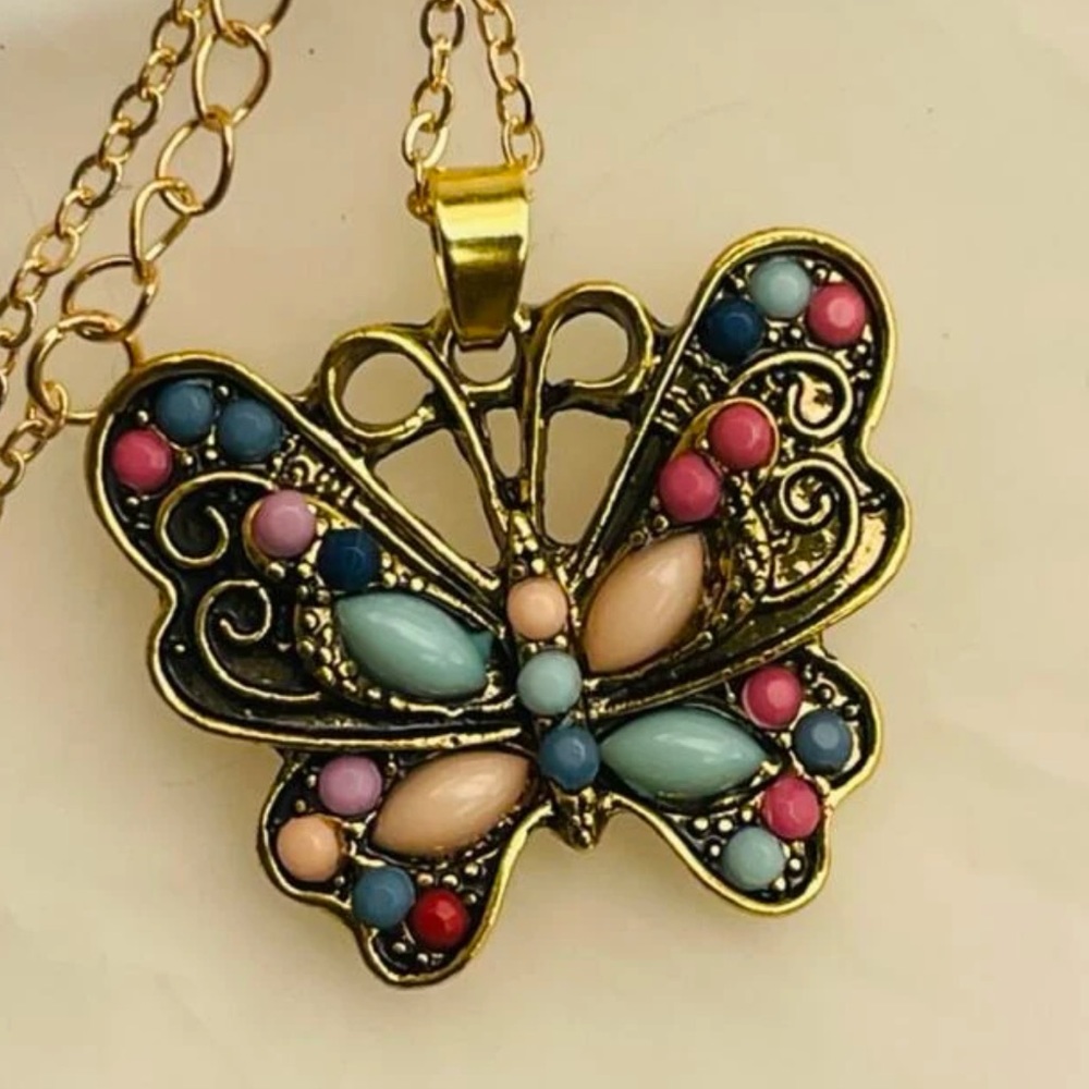 Vintage Multi-Turquoise Butterfly Gold Over Sterling Silver 4.00 ctw Necklace - Picture 12 of 12